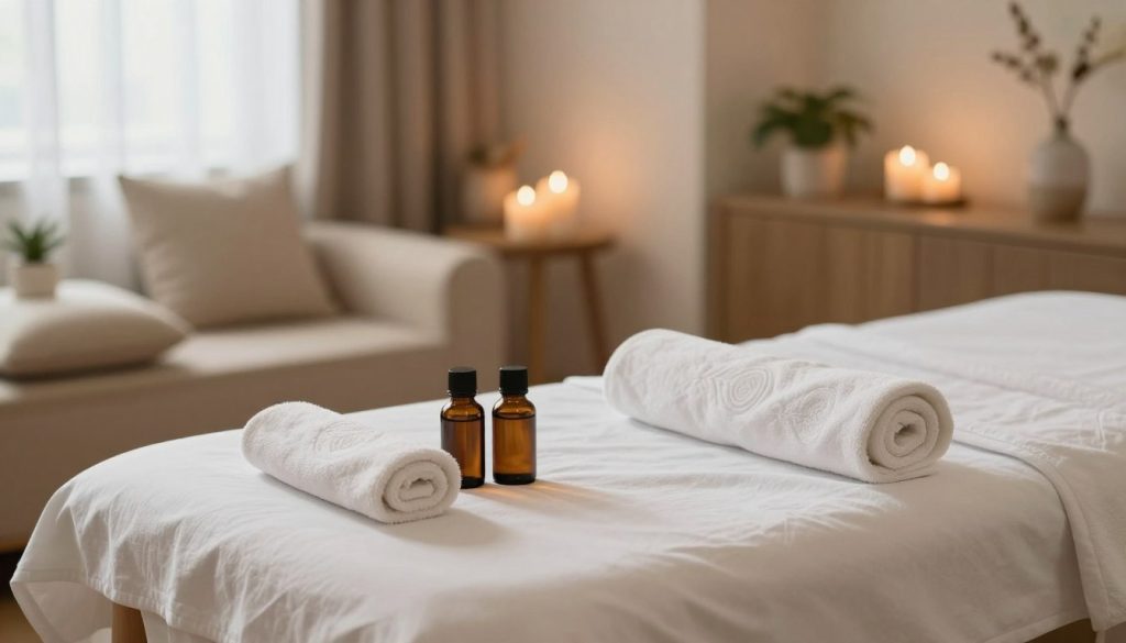 A serene and organized preparation scene for a massage therapy session. In the foreground, a neatly arranged massage table, covered with crisp white linens, essential oils placed in elegant bottles, and soft towels rolled neatly beside it. The middle ground features a soothing decor, such as soft cushions, calming candles, and a tranquil indoor plant, creating an inviting atmosphere. The background includes a softly lit room, with gentle natural light filtering through sheer curtains, casting a warm glow. The overall mood is calm and relaxing, emphasizing a sense of readiness and tranquility, perfect for a massage session. The image should have a smooth focus, simulating a cozy spa environment, zoomed in to showcase the details of the setup.