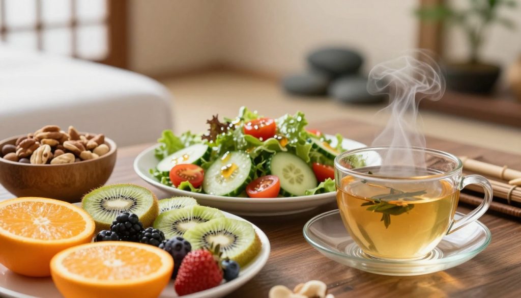 A serene, beautifully arranged table featuring healthy pre-massage food options. In the foreground, showcase a vibrant selection of fresh fruits like sliced oranges, berries, and kiwi, alongside a bowl of mixed nuts and a refreshing herbal tea with steam rising. In the middle, display a colorful salad with leafy greens, cucumbers, and cherry tomatoes, drizzled with light vinaigrette. The background should have soft, natural lighting that creates a calming atmosphere, perhaps with a blurred view of a tranquil spa environment, complete with bamboo and stones. The mood is peaceful and inviting, encouraging relaxation and wellness, without any human figures or text elements.