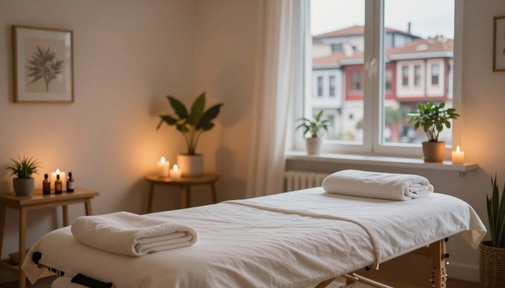 A serene, inviting interior of a cozy home in Kadıköy designed for a massage service. In the foreground, a comfortable massage table is elegantly set up with soft, clean linens and calming essential oils on a small table beside it. In the middle, soft ambient lighting casts a warm glow while peaceful decor, such as plants and candles, enhances the tranquil atmosphere. In the background, a window reveals a glimpse of the vibrant Kadıköy neighborhood, blurred subtly to maintain focus on the calming massage environment. The overall mood is peaceful and relaxing, evoking a sense of wellness and comfort, perfect for a personalized home massage experience.