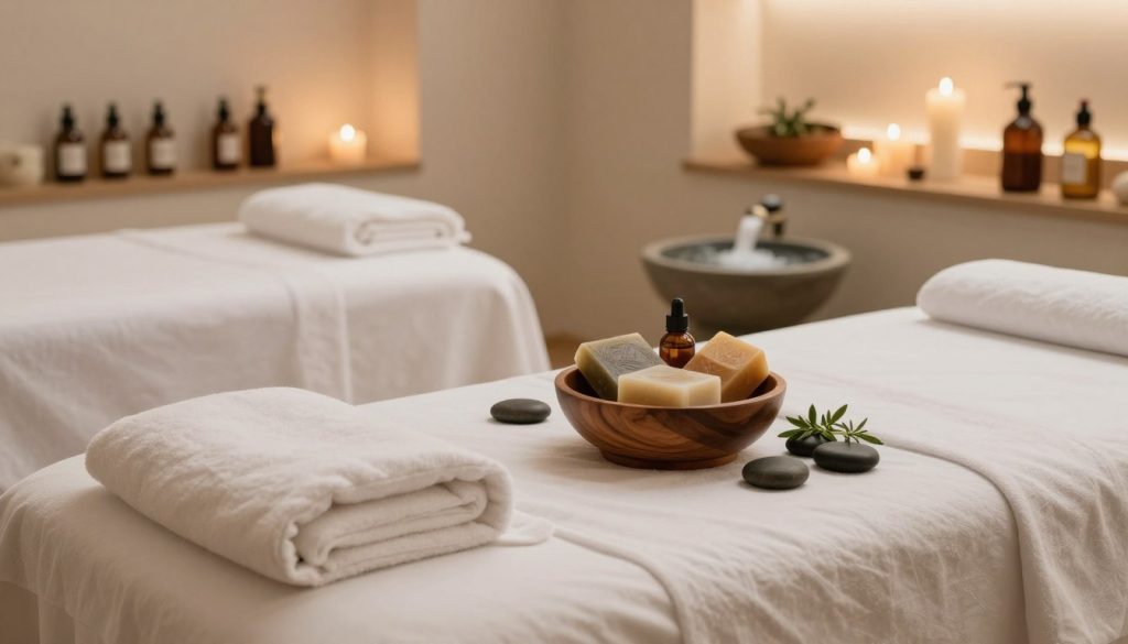 A serene spa environment showcasing regional massage and exfoliating treatments. In the foreground, an elegantly arranged massage table with soft white linens and plush cushions, set against a calming, muted color palette. Scattered around are natural elements like smooth stones, aromatic candles, and fresh herbs. In the middle, a beautifully designed wooden bowl filled with rich, textured soaps and oils, along with a gentle bubbling fountain, conveying relaxation. The background features softly lit shelves lined with massage oils and decor in warm tones, enhancing the tranquil atmosphere. The lighting is soft and diffused, creating a soothing ambiance, ideal for a wellness article. Emphasize a calm, inviting mood that reflects rejuvenation and care without including human subjects.
