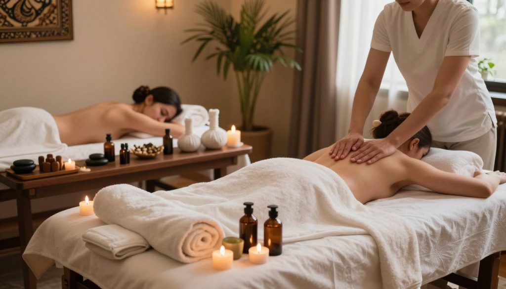 A serene spa setting in Istanbul reflecting various massage types and therapeutic practices. In the foreground, a luxurious massage table adorned with fresh towels and essential oils, surrounded by calming candles. The middle ground features an array of massage tools, such as stones and aromatic herbal compresses, illustrating different techniques like Swedish and deep tissue massage. The background includes a softly lit room with traditional Turkish decor, plants, and calming colors, creating a relaxing atmosphere. Warm, natural lighting filters through a window, casting gentle shadows. The mood is tranquil, inviting readers to explore the importance of choosing the right massage therapy for their needs.