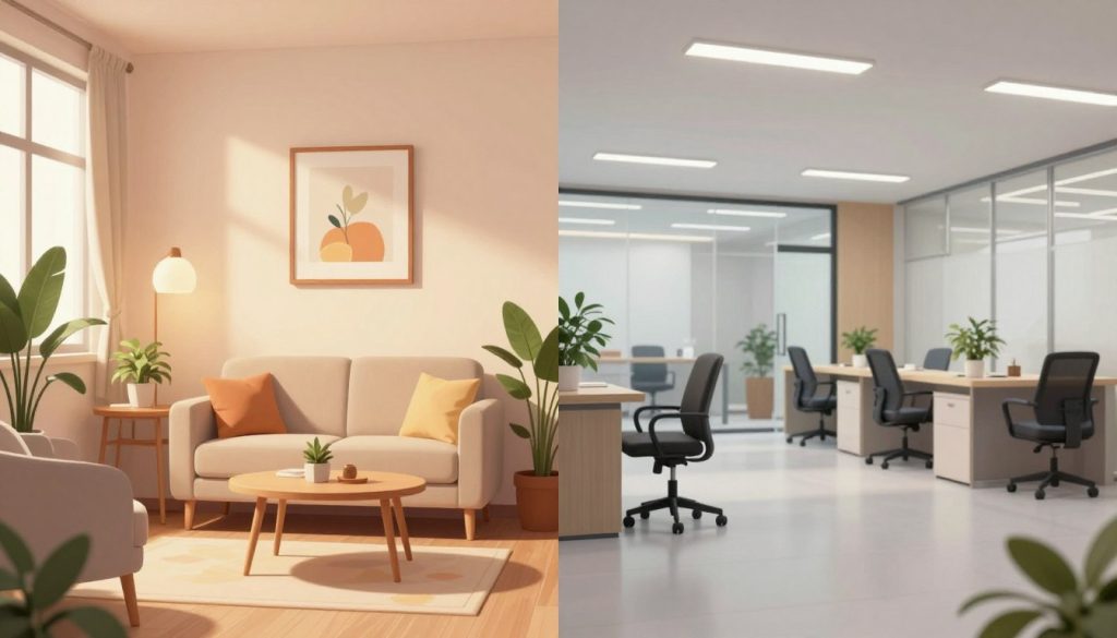 A split-image illustration showing the differences between private therapists and corporate therapy centers. On the left, depict a warm and inviting private therapy room with soft lighting, a comfortable couch, and calming decor like plants and artwork. On the right, portray a sleek corporate therapy center with modern furnishings, bright overhead lights, and multiple consultation rooms visible through glass walls. The background should contrast traditional, cozy elements with a contemporary, professional atmosphere. Emphasize the differences in ambiance, with the left side exuding tranquility and personal connection, while the right side suggests efficiency and structure. The image should be well-composed, with focus on clarity and inviting colors to effectively convey the distinctive services offered by both settings.