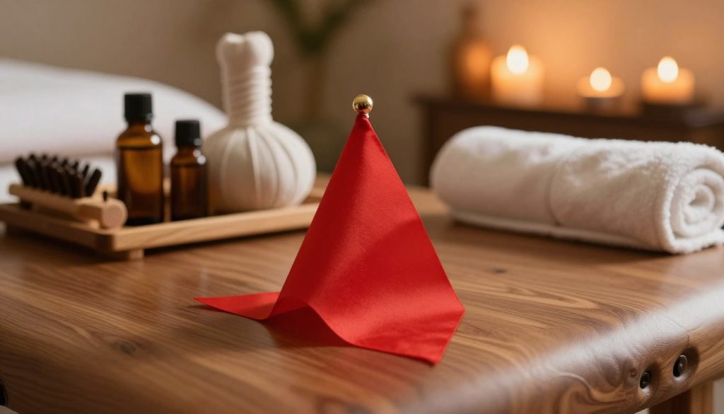 A visually striking representation of the importance and effects of recognizing red flags before receiving massage services. In the foreground, display a symbolic red flag on a polished wooden massage table, emphasizing alertness. The middle ground should feature soft, inviting massage tools arranged neatly, such as essential oils and towels, enhancing the theme of wellness. In the background, depict a serene spa environment with calming colors, ambient lighting, and flickering candles, creating a tranquil atmosphere. Use warm, soft lighting to evoke a sense of caution and awareness while maintaining an overall soothing aesthetic. The angle should be from a low perspective, drawing focus to the red flag as a pivotal element, surrounded by the comforting elements of a massage setting.