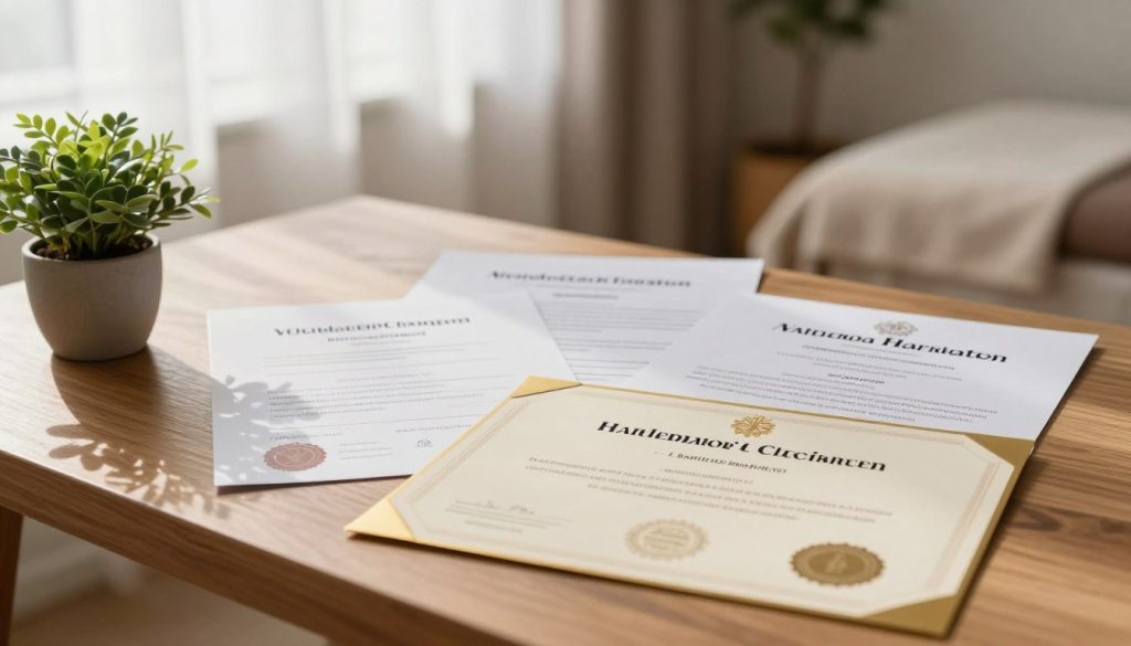 A well-designed layout of a massage therapist certification and training documents spread across a wooden desk. In the foreground, focus on the diploma and certification with elegant, embossed seals and a gold trim. In the middle, include additional training documents, such as workshop completion certificates, displayed neatly next to a potted plant for a touch of greenery. The background features a softly lit, serene spa environment with muted earth tones, gently diffused sunlight filtering through sheer curtains, creating a calm and professional atmosphere. The overall mood is informative and inviting, capturing the essence of evaluating the qualifications of a massage therapist in a tranquil setting.