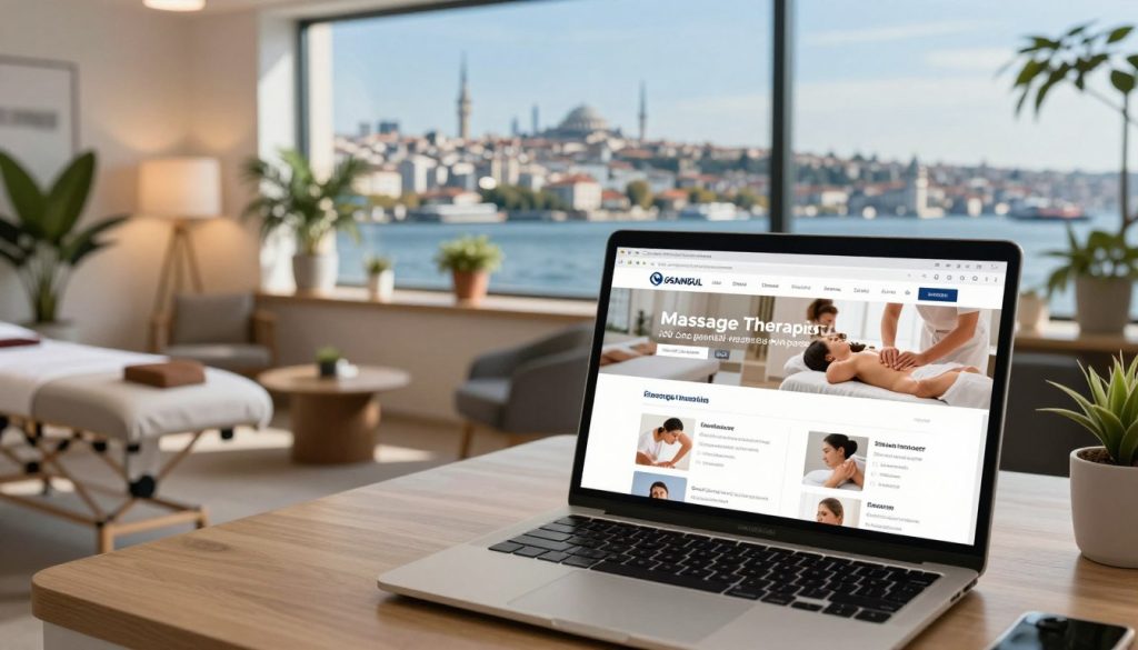 A bustling digital workspace showcasing job listings for massage therapists in Istanbul. In the foreground, there's a sleek laptop displaying a vibrant job portal with various listings and images relating to massage therapy in a bright, modern office setting. The middle ground features an inviting ambient space with soft, warm lighting, plants, and a comfortable seating area, creating a professional yet relaxing atmosphere. In the background, a large window reveals the iconic Istanbul skyline, with the Bosphorus and historical buildings under a clear blue sky. The overall mood is professional and optimistic, highlighting opportunities in the massage industry. Capture this scene from a slightly elevated angle to emphasize both the workspace and the cityscape beyond, ensuring that the composition feels balanced and inspiring.