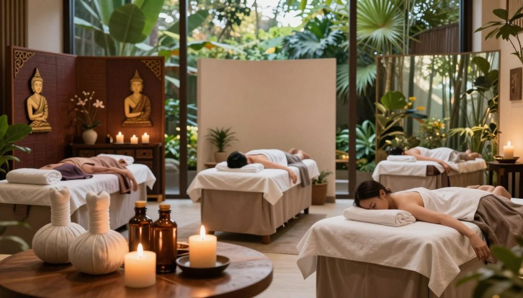 A serene spa environment showcasing various types of massage options. In the foreground, beautifully arranged massage oils and aromatic candles on a wooden table. In the middle ground, three distinct massage rooms, each with different styles: one featuring traditional Thai decor, another with a modern minimalist aesthetic, and the last with a calming nature theme. The background should depict a tranquil garden visible through large windows, filled with lush greenery and soft sunlight filtering through. The overall mood is peaceful and inviting, emphasizing relaxation and well-being. Soft, warm lighting creates a soothing atmosphere, while the composition highlights the variety of massage services available, appealing to diverse needs. A serene spa environment showcasing various types of massage options. In the foreground, beautifully arranged massage oils and aromatic candles on a wooden table. In the middle ground, three distinct massage rooms, each with different styles: one featuring traditional Thai decor, another with a modern minimalist aesthetic, and the last with a calming nature theme. The background should depict a tranquil garden visible through large windows, filled with lush greenery and soft sunlight filtering through. The overall mood is peaceful and inviting, emphasizing relaxation and well-being. Soft, warm lighting creates a soothing atmosphere, while the composition highlights the variety of massage services available, appealing to diverse needs.