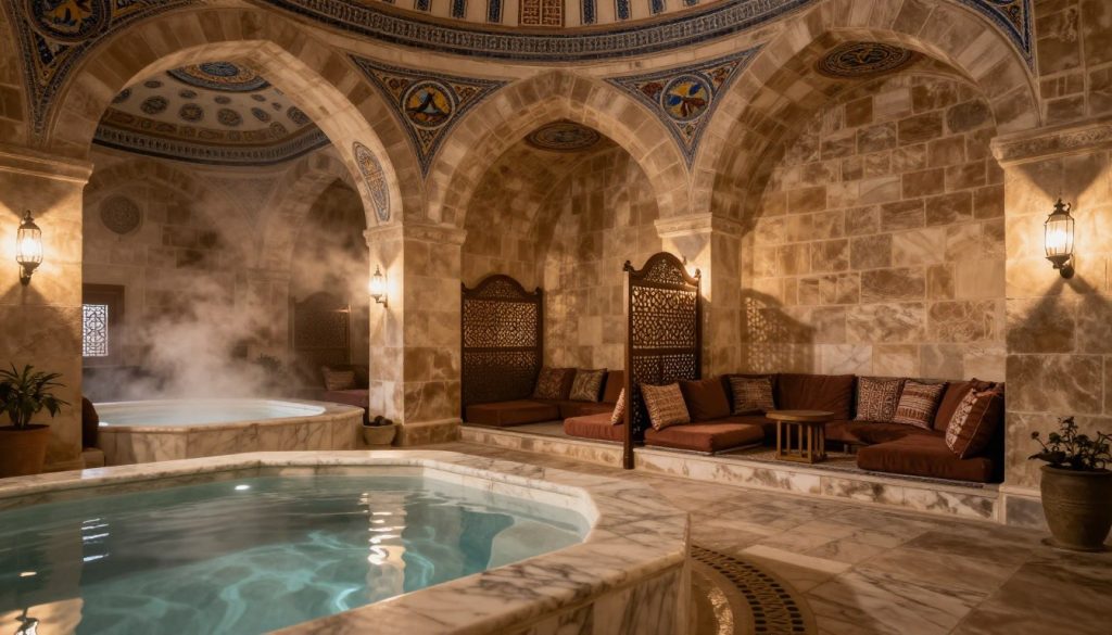 A traditional Turkish bath interior, showcasing intricate architectural details such as domed ceilings adorned with mosaics, warm stone walls, and soft, diffused lighting casting gentle shadows. In the foreground, a marble hot water basin, beautifully polished, reflects the ambient illumination. The middle ground features an ornate seating area with plush cushions, surrounded by decorative screens for privacy, evoking a sense of relaxation. In the background, a steam room area with soft steam rising, creating a tranquil atmosphere. The color palette should consist of warm earth tones, emphasizing a serene and inviting mood, while maintaining a sense of cultural heritage. Capture the essence of both tradition and modern applications in the ambiance of the space. A traditional Turkish bath interior, showcasing intricate architectural details such as domed ceilings adorned with mosaics, warm stone walls, and soft, diffused lighting casting gentle shadows. In the foreground, a marble hot water basin, beautifully polished, reflects the ambient illumination. The middle ground features an ornate seating area with plush cushions, surrounded by decorative screens for privacy, evoking a sense of relaxation. In the background, a steam room area with soft steam rising, creating a tranquil atmosphere. The color palette should consist of warm earth tones, emphasizing a serene and inviting mood, while maintaining a sense of cultural heritage. Capture the essence of both tradition and modern applications in the ambiance of the space.