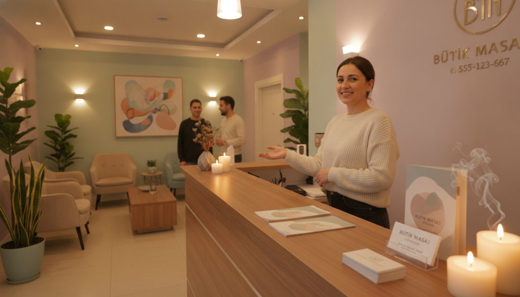 A cozy and inviting interior of "Butik Masaj," a massage salon in Pendik, highlighting a stylish reception area with sleek wooden furniture and soft lighting. In the foreground, a professional receptionist, dressed in modest casual attire, is greeting clients with a warm smile. The middle section features elegantly arranged brochures and business cards displaying contact information prominently, with a serene ambiance around, such as soft zen music and aromatic candles creating a calm atmosphere. In the background, decorative plants and soft pastel colors add to the peaceful vibe. The lighting is soft and warm, enhancing the welcoming feeling, while the angle captures both the personable service and the tranquil environment of the salon. The mood is tranquil and professional, focusing on client comfort and care.