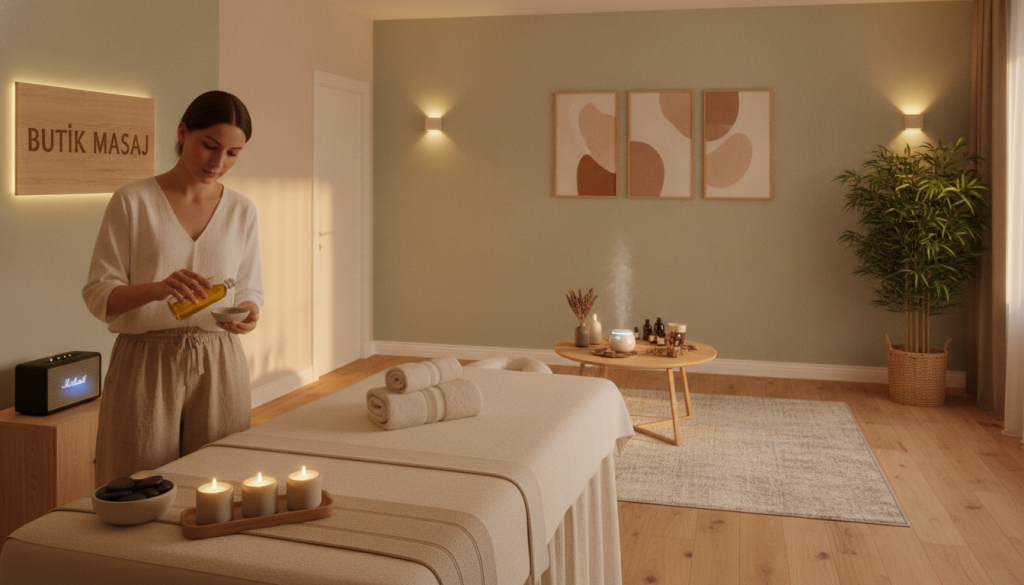 A cozy and inviting interior of a massage salon named "Butik Masaj" in Ataşehir, showcasing a spacious treatment room with soft ambient lighting. In the foreground, a neatly prepared massage table adorned with fresh towels and aromatic candles, evoking a sense of relaxation. In the middle, a professional therapist in modest casual clothing is preparing oils and calming music, emphasizing a serene atmosphere. The background features soothing tones and tasteful decorations, such as plants and serene artworks on the walls, enhancing the tranquility. The scene captures the essence of comfort and professionalism, perfect for a pre-appointment check, with warm, soft lighting creating an inviting mood. The angle is slightly elevated, providing a comprehensive view of the room set for a massage appointment.
