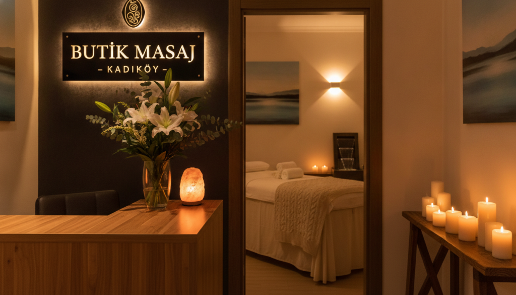 A cozy and inviting interior of a massage salon named "Butik Masaj" located in Kadıköy. In the foreground, a well-appointed reception area with a sleek wooden desk, fresh flowers, and soft ambient lighting. The middle ground features a tranquil massage room with a comfortable treatment table, plush towels, and dimmed lights, exuding a sense of relaxation. In the background, softly blurred images of soothing decor, such as calming artwork and candles. The mood is serene and welcoming, creating an atmosphere conducive to relaxation. The lighting is warm and inviting, enhancing the feeling of comfort and professionalism. The image captures a moment of peace in a well-designed wellness space.