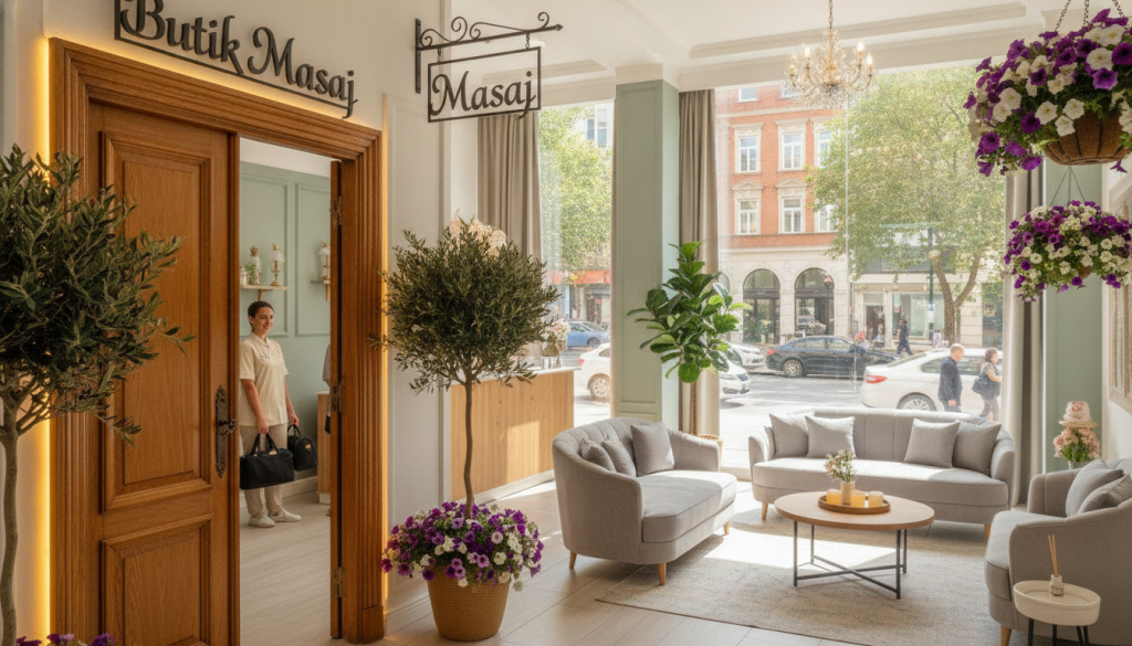 A cozy massage salon named "Butik Masaj" situated in a bustling urban area, surrounded by trees and flowerpots for a welcoming atmosphere. In the foreground, display an inviting entrance with a beautiful wooden door and warm lighting. The middle view includes a clean reception area with a serene color palette, comfortable seating, and relaxing décor like candles and plants. The background showcases a vibrant city street visible through large windows, hinting at easy access. Bright, natural daylight floods the scene, enhancing the soothing vibe. The mood is tranquil yet professional, suggesting an accessible and friendly environment for relaxation. Modest and professional individuals are present, depicted calmly interacting and welcoming clients.