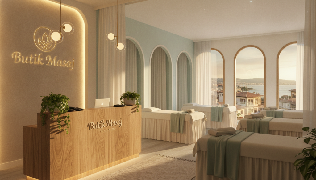 A serene and beautifully designed massage salon in Üsküdar, showcasing its elegant interiors. In the foreground, a welcoming reception area featuring natural wood accents, low lighting, and decorative plants, creating a soothing ambiance. In the middle ground, a glimpse of several massage rooms adorned with soft textiles and calming colors, promoting relaxation. The background highlights large windows that let in warm sunlight, with a view of the scenic Üsküdar streets outside. The atmosphere is peaceful and inviting, perfect for unwinding after a long day. The brand name "Butik Masaj" is subtly integrated into the design elements, maintaining a professional appearance. The overall image conveys tranquility and luxury, ideal for promoting this venue.