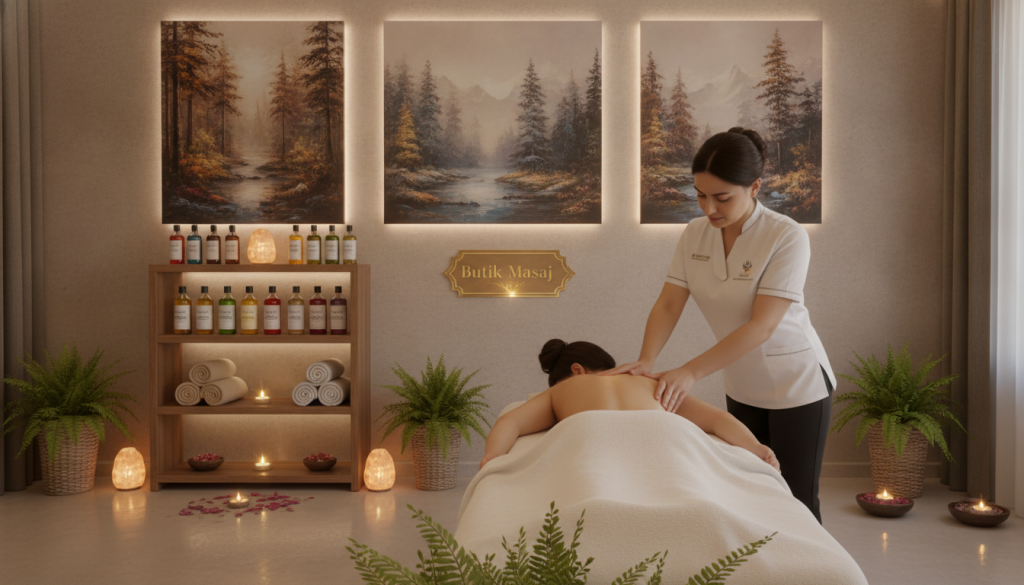 A serene and calming massage therapy scene, featuring a beautifully decorated spa room with soft, ambient lighting. In the foreground, a professional massage therapist, dressed in modest, professional attire, is gently applying a soothing oil to a client’s back on a massage table. The client is comfortably positioned, surrounded by calming elements like aromatic candles and lush green plants. In the middle ground, shelves neatly display various massage oils and towels, hinting at the different types of massages available. The background features tranquil artwork depicting nature, enhancing the peaceful atmosphere. The overall mood is relaxing and inviting, perfect for anyone considering a massage at Butik Masaj, emphasizing the choice of massage types in a luxurious environment.
