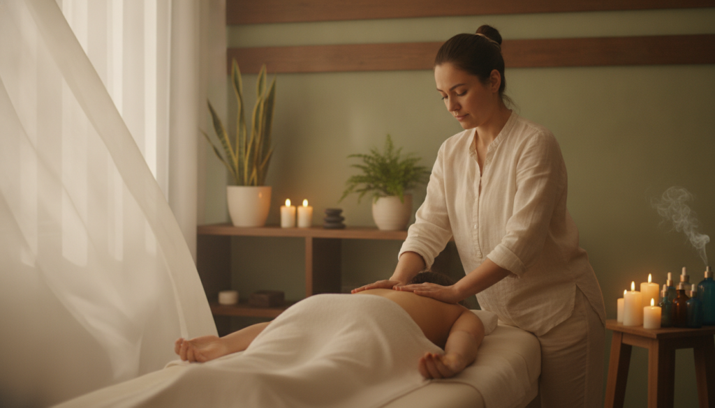 A serene and calming massage therapy scene set in a luxurious spa environment, featuring a tranquil massage room adorned with soft, natural light filtering through sheer curtains. In the foreground, a professional massage therapist dressed in modest casual clothing gently massages a client lying on a soft, inviting massage table. The therapist's focused expression conveys dedication and care. In the middle, there are elements like aromatic candles and essential oil bottles, enhancing the relaxing atmosphere. The background showcases tasteful decor, including soothing green plants and wooden accents, emphasizing tranquility. The overall mood is peaceful and rejuvenating, reflecting the ambiance one might find at "Butik Masaj." The image should have a warm color palette, with soft lighting to create a welcoming and serene environment.