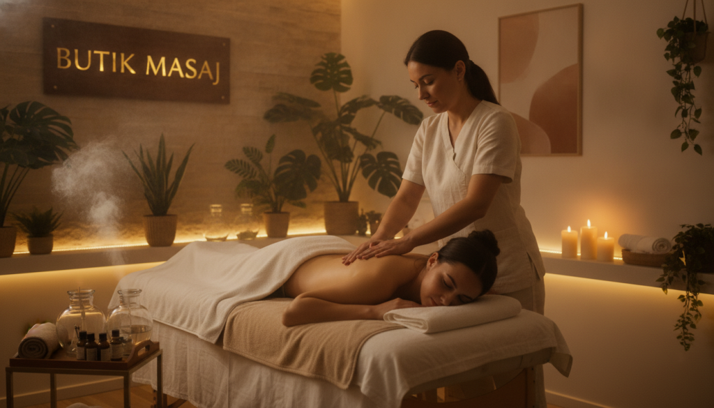 A serene and calming massage therapy setting titled "Butik Masaj". In the foreground, a professional therapist, dressed in modest, professional attire, gently massages a client lying on a massage table, surrounded by soft, soothing textiles. The middle layer features warm, ambient lighting, creating a relaxing atmosphere, with essential oil diffusers releasing a subtle mist. In the background, beautifully arranged indoor plants and serene art pieces evoke tranquility, along with softly glowing candles adding to the peaceful vibe. The camera is positioned at a slight angle, capturing both the therapist’s focused expression and the tranquil surroundings, while ensuring a balanced composition that embodies the benefits and features of various massage types.