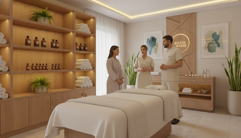 A serene and elegant interior of a massage salon in Istanbul, showcasing high standards of hygiene and safety. In the foreground, a massage table is neatly made with clean white linens, surrounded by soft, ambient lighting that creates a warm and inviting atmosphere. In the middle ground, shelves with neatly arranged towels and essential oils emphasize cleanliness. Professional staff members, dressed in modest uniforms, are engaged in a respectful consultation with clients, demonstrating a welcoming and hygienic environment. The background includes tasteful decor with plants and calming artwork, suggesting relaxation and tranquility. The brand name "Butik Masaj" is subtly integrated into a wall design, enhancing the professional ambiance without overshadowing the overall scene. The image captures a sense of safety and comfort, ideal for clients seeking therapeutic services.