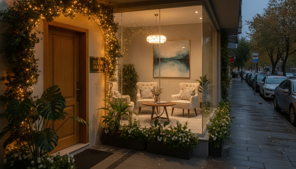 A serene and inviting exterior of a massage salon named "Butik Masaj" in Şirinevler. The foreground features a well-maintained entrance, adorned with potted plants and soft lighting that creates a warm atmosphere. In the middle ground, large windows showcase a comfortable waiting area with elegant furnishings, including plush chairs and tasteful decor. The background includes a softly lit street, hinting at accessibility for vehicles, with nearby parking options visible. The scene is illuminated by gentle, ambient lighting during the evening, casting a relaxing glow. The mood is tranquil and welcoming, encouraging relaxation and comfort, perfect for an oasis of wellness. The angle is slightly elevated, providing a comprehensive view of the establishment and its surroundings.