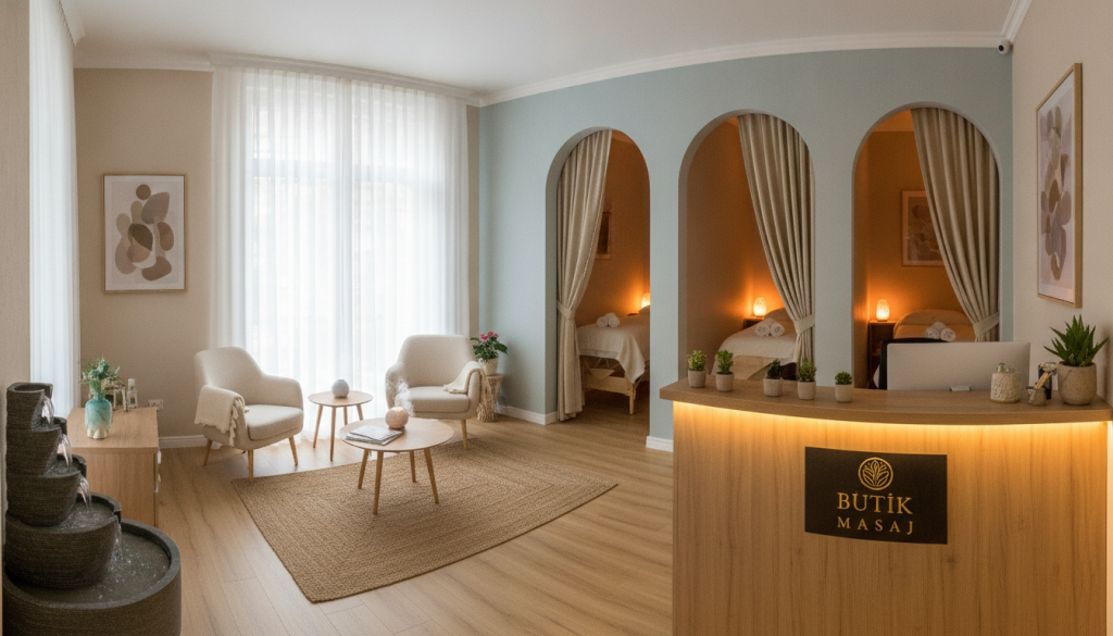 A serene and inviting image of "Butik Masaj," an upscale massage salon located in Ataşehir. In the foreground, there is a beautifully arranged reception desk with soft lighting and calming decor, featuring potted plants and tranquil water features. The middle ground showcases a cozy waiting area adorned with plush seating and soothing colors, inviting patrons to relax. In the background, softly illuminated treatment rooms can be glimpsed, each with elegant curtains and ambient lighting creating a peaceful atmosphere. The overall mood should convey relaxation and professionalism, with an emphasis on comfort and tranquility. The image should be bright and welcoming, shot from a slightly elevated angle to capture the entirety of the reception and waiting area, ensuring no people are featured in provocative attire.