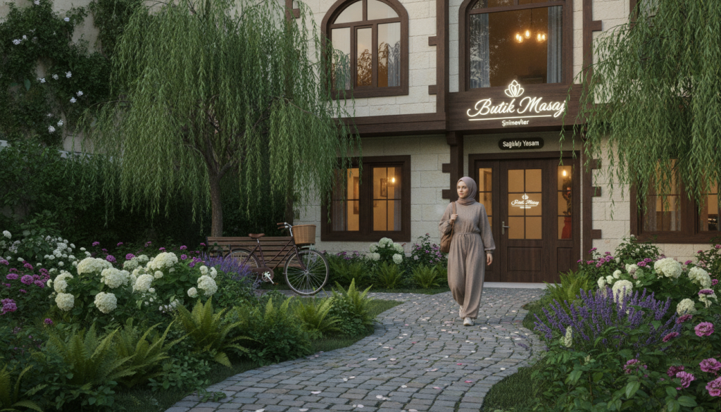 A serene and inviting image of the Butik Masaj salon in Şirinevler, showcasing a well-maintained path leading to the entrance. In the foreground, a person dressed in casual, modest clothing confidently walks along the pedestrian path, surrounded by lush greenery and flowers, symbolizing a peaceful journey. The middle ground features a charming bicycle parked next to a scenic bench, inviting relaxation. The background includes a cozy building facade with large windows, soft natural light filtering in, reflecting a warm, welcoming atmosphere. The scene is captured from a slight angle to create depth, emphasizing the importance of accessibility by foot and bike. The overall mood is tranquil and inviting, encouraging viewers to enjoy a healthful approach to wellness.