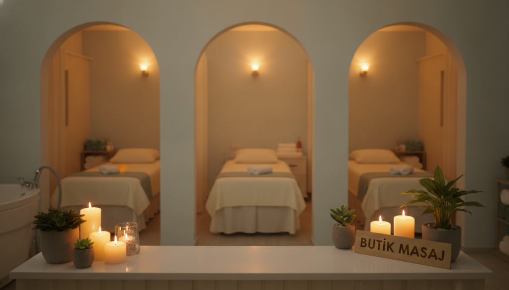 A serene and inviting image of the "Butik Masaj" salon, showcasing an elegant interior design typical of popular massage establishments in Avcılar. In the foreground, a beautifully arranged reception desk with soft lighting emerges, featuring calming decor elements like candles and plants. The middle of the image reveals comfortable massage rooms, each adorned with plush linens and soothing colors, suggesting a tranquil atmosphere. In the background, subtle hints of spa equipment can be seen, along with soft ambient lighting that creates a warm glow, enhancing the sense of relaxation. The overall mood exudes peace and professionalism, perfect for illustrating a massage salon known for its excellent service.