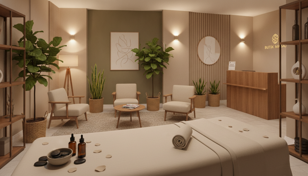 A serene and inviting interior of "Butik Masaj," a massage salon in Başakşehir. In the foreground, a plush massage table with soft, neutral-toned linens, accompanied by a bowl of calming essential oils and smooth stones. The middle ground features an elegantly decorated ambiance with soft, warm lighting and soothing wall art, creating a tranquil atmosphere. The background includes lush green plants that enhance the calm environment, and subtle wooden accents that give a sense of warmth. The overall mood is peaceful and relaxing, ideal for a massage experience. The perspective is slightly elevated, providing a panoramic view of the salon's interior to emphasize its welcoming nature, showcasing a professional and tranquil setting for understanding salon rules and etiquette.