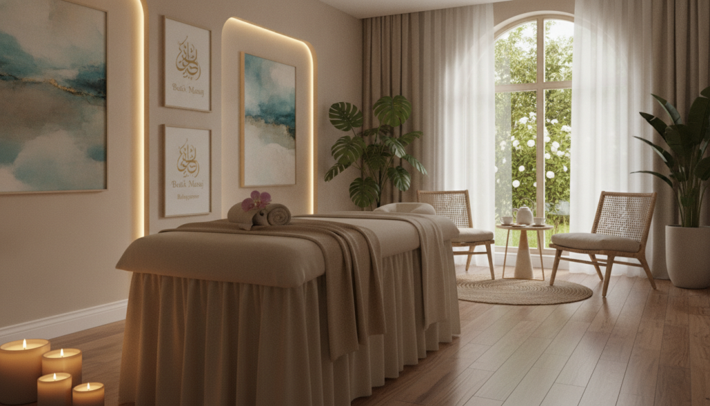 A serene and inviting interior of "Butik Masaj," featuring a luxurious massage room. In the foreground, a beautifully dressed massage table with soft, neutral-colored linens, accompanied by aromatic candles that emit a soft, warm glow. The middle layer showcases a tranquil space adorned with lush indoor plants and calming artwork on the walls. Soft, diffused lighting enhances the relaxing atmosphere, creating gentle shadows that add depth. In the background, a window reveals a glimpse of a peaceful garden, further enhancing the spa-like ambiance. The scene should evoke feelings of tranquility and relaxation, appealing to potential clients seeking the best massage experience in Bahçeşehir.