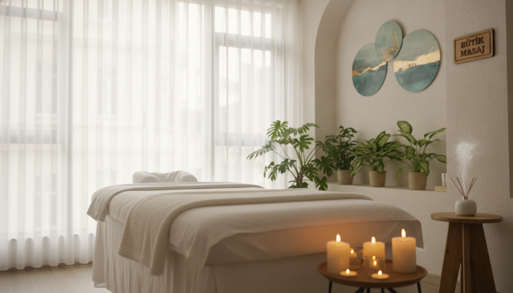 A serene and inviting interior of "Butik Masaj", showcasing a luxurious massage salon in Sisli. In the foreground, a beautifully arranged treatment room with a plush massage table draped in soft, white linens. Candles flicker gently on the side, casting a warm, calming glow. The middle ground features soothing decor, including soft green plants and textured wall art promoting relaxation. The background highlights large windows with sheer curtains allowing natural light to filter in, illuminating the space. The atmosphere feels tranquil and rejuvenating, inviting customers to unwind. The image is captured at a soft angle to evoke a sense of depth and intimacy, emphasizing the peaceful mood of a high-end wellness experience.