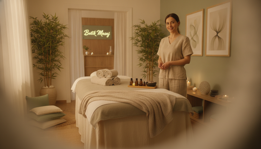 A serene and inviting interior of a massage salon, featuring soft, ambient lighting that creates a calming atmosphere. In the foreground, a beautifully arranged massage table, adorned with plush towels and aromatic essential oils. In the middle ground, a professional therapist, dressed in modest, professional attire, prepares for a massage session with a welcoming smile. The background showcases soothing decor elements like bamboo plants, tranquil artwork, and soft cushions, enhancing the relaxation theme. The overall composition should give a sense of comfort and tranquility, making the viewer feel as though they are stepping into the peaceful world of "Butik Masaj". Use a soft focus lens to emphasize the serene details and maintain a warm color palette.