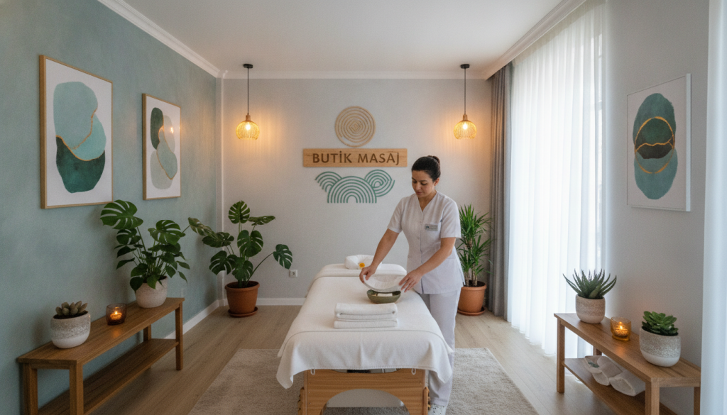 A serene and inviting interior of a massage salon in Esenyurt, featuring the brand "Butik Masaj" tastefully displayed on the wall. In the foreground, a professional massage therapist in a clean, white uniform prepares the massage table, emphasizing a welcoming atmosphere. In the middle, soft ambient lighting illuminates the space, highlighting tasteful decor such as potted plants and calming artwork. The background shows gentle hues of blue and green, creating a tranquil environment. The angle is slightly from above, capturing a wide view of the salon's warm and peaceful ambiance. A sense of relaxation and comfort permeates the scene, ideal for potential clients seeking information about massage services.