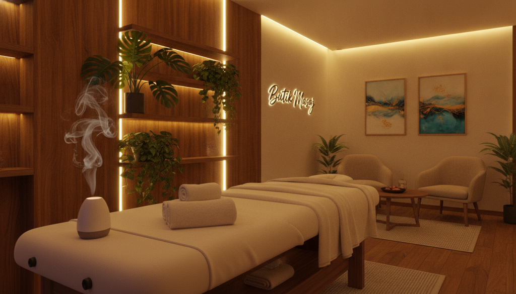 A serene and inviting interior of a massage salon in Şişli, Istanbul, named "Butik Masaj." In the foreground, a plush massage table covered with soft, neatly arranged towels, and a gentle aroma diffuser emitting wisps of relaxing scents. In the middle, a soothing decor with warm wooden accents, lush indoor plants, and soft ambient lighting that creates a calm atmosphere. The background shows a tranquil waiting area with comfortable seating and artful decorative pieces that evoke relaxation. The image is illuminated with warm, soft lighting to enhance the cozy setting, captured from a slightly elevated angle. The overall mood is peaceful and professional, reflecting the essence of a high-quality massage therapy environment.