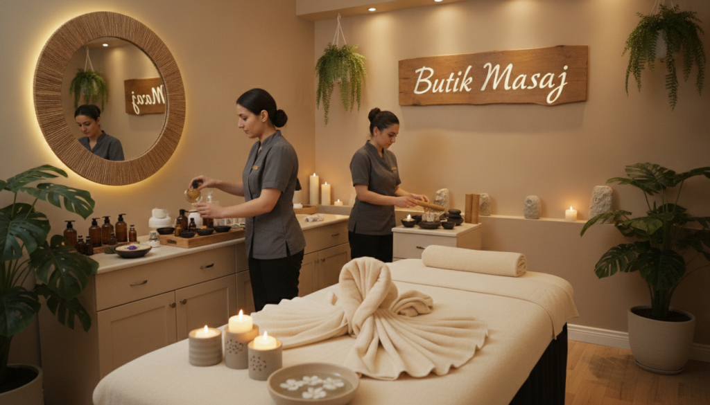 A serene and inviting interior of a massage salon named "Butik Masaj" in Kurtköy, showcasing a tranquil atmosphere. In the foreground, a comfortable massage table decorated with soft towels and aromatic candles, hinting at relaxation. In the middle ground, skilled therapists, dressed in professional attire, are preparing massage oils and essential tools, emphasizing attentiveness and professionalism. The background features calming decor with warm lighting, soft neutral colors, and lush indoor plants, creating a peaceful ambiance. The overall mood is harmonious and soothing, aiming to convey tranquility and wellness, with a slight focus on the luxurious experience of massage services in the Kurtköy area.
