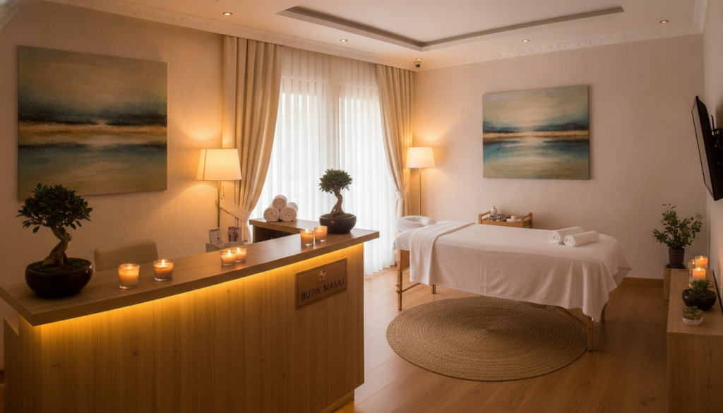 A serene and inviting interior of a massage salon named "Butik Masaj" located in Avcılar. The foreground features a beautifully arranged reception desk with soft lighting, showcasing elegant decor and soothing elements like candles and plants. In the middle, a calming massage area is visible, with a professional massage table draped in crisp white linens. Gentle ambient lighting casts a warm glow over the space, enhancing the tranquil atmosphere. The background shows subtle artwork on the walls and soft curtains gently swaying, contributing to the overall sense of relaxation. The mood is peaceful and inviting, reflecting a high standard of service and quality in the massage experience. Focus on a well-composed angle that captures the essence of wellness and luxury in service.
