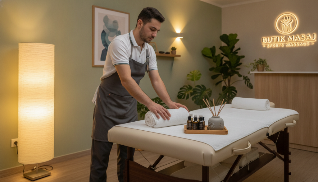 A serene and inviting interior of a massage therapy room, showcasing "Butik Masaj" with a focus on sports massage services. In the foreground, a professional therapist in smart casual clothing is preparing a massage table, arranged with soft towels and essential oils, conveying a sense of care and expertise. In the middle, the well-decorated room features calming wall colors, gentle lighting from lamps, and subtle nature-themed decor to enhance relaxation. The background offers hints of greenery from indoor plants, creating a tranquil atmosphere. The overall lighting is soft and warm, aiming for a soothing and welcoming vibe, ideal for clients seeking specialized massage services. The angle showcases the room's depth, emphasizing comfort and professionalism.