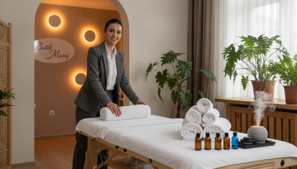 A serene and inviting interior of a professional massage therapy space at "Butik Masaj". In the foreground, a neatly arranged massage table with soft, luxurious towels and essential oils displayed, creating a calming atmosphere. The middle layer features a therapist, dressed in professional business attire, preparing the space with a warm smile, exuding a sense of professionalism and care. The background reveals softly lit ambient lighting, with warm tones from wall sconces and a tranquil color palette of soft earth tones. Gentle plants adorn the windowsill, adding a touch of nature to the scene. The overall mood is peaceful and relaxing, suggesting a soothing experience for clients seeking comfort and wellness.