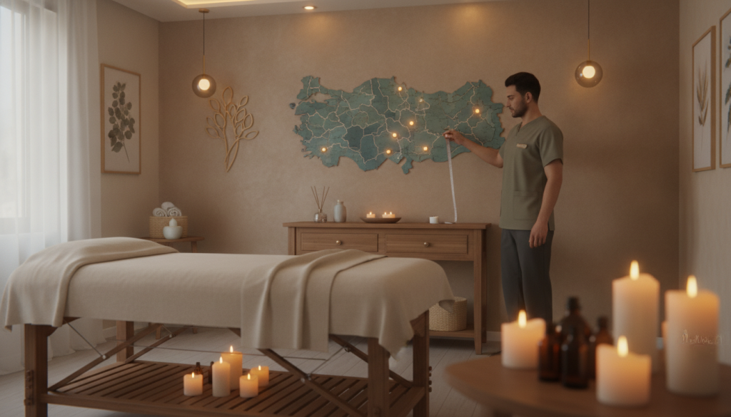 A serene and inviting massage salon in Silivri, featuring a comfortable and elegantly designed interior. In the foreground, a well-appointed massage table draped with soft linens, surrounded by soothing candles and calming essential oils. In the middle ground, a professional therapist in modest casual clothing is meticulously measuring distance to demonstrate how to choose a suitable massage salon based on proximity, with a soft focus on a large map placed nearby. The background showcases elegant decor with warm lighting, creating a calming atmosphere. Use a soft lens effect to enhance the serene mood of relaxation and professionalism, while ensuring the composition conveys a sense of distance calculation. The brand name "Butik Masaj" subtly integrated into the decor without overt textual representation.