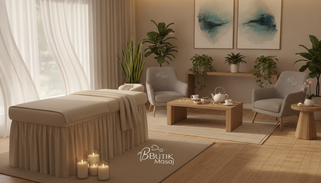A serene and inviting massage salon interior, designed to convey relaxation and tranquility. In the foreground, a plush massage table with soft, neutral-toned linens is flanked by delicate candles softly glowing. In the middle ground, a cozy seating area with comfortable armchairs and a low wooden table adorned with calming herbal teas. The background features elegant decor, including soothing wall art and indoor plants that enhance the peaceful atmosphere. Natural light streams through sheer curtains, casting a warm glow over the entire scene, creating a sense of serenity. The space subtly reflects the brand name "Butik Masaj" through chic design elements. The overall mood is peaceful and welcoming, ideal for an oasis of relaxation.