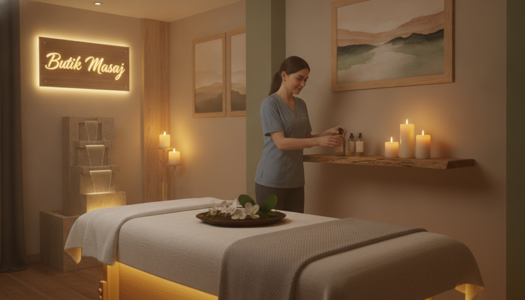 A serene and inviting massage salon interior, featuring a cozy and elegant design. In the foreground, a softly lit massage table draped in fresh white linens, adorned with a delicate flower arrangement. In the middle, a friendly therapist wearing a professional attire calmly prepares oils on a wooden shelf, with soothing candles casting a warm glow. The background reveals calming decor with gentle earth tones, peaceful artwork, and a small indoor water feature. Soft, ambient lighting creates a tranquil atmosphere, emphasizing relaxation and well-being. The salon sign "Butik Masaj" hangs tastefully on the wall, reflecting a sense of luxury and comfort. The scene conveys a mood of calm and serenity, perfect for illustrating the costs associated with massage therapy services.