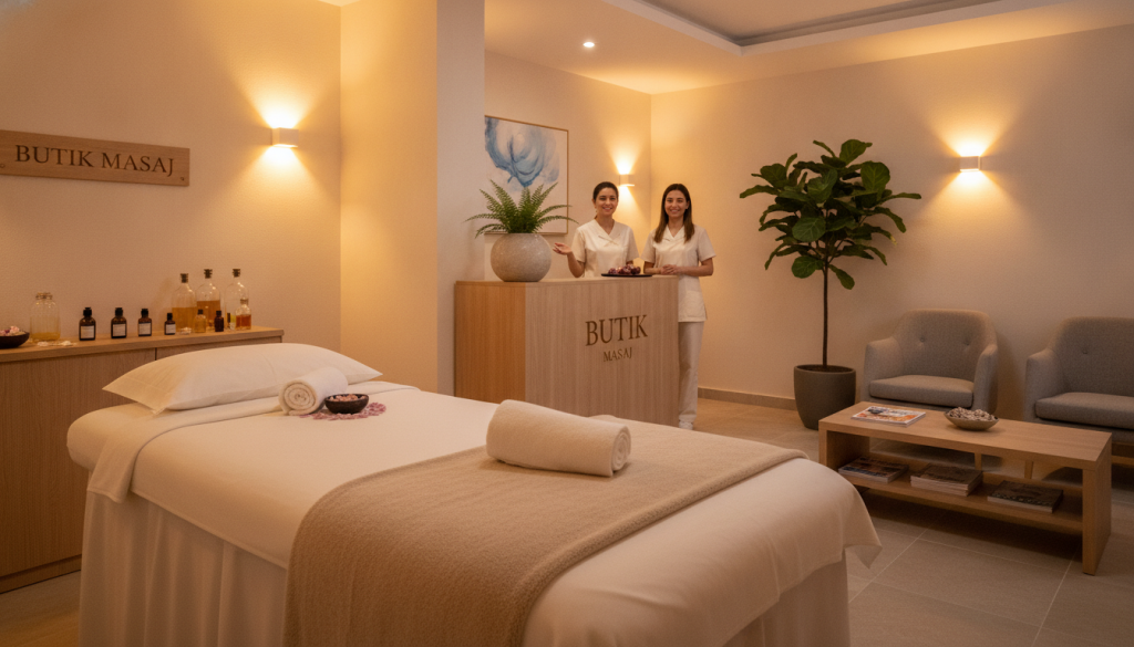 A serene and inviting massage salon interior, featuring soft ambient lighting that casts a warm glow throughout the space. In the foreground, a comfortably arranged massage room showcases a plush massage table elegantly draped with fresh linens. In the middle, a well-organized reception area displays calming decor, including potted plants and soothing artwork. The background hints at a tranquil waiting area with soft seating and magazines about wellness. Professional staff members in modest attire greet clients with friendly smiles, emphasizing a welcoming atmosphere. The overall mood is relaxed and peaceful, conveying an ideal environment for rejuvenation. The brand name "Butik Masaj" is subtly integrated into the decor, ensuring a cohesive image that reflects the essence of a quality massage salon.