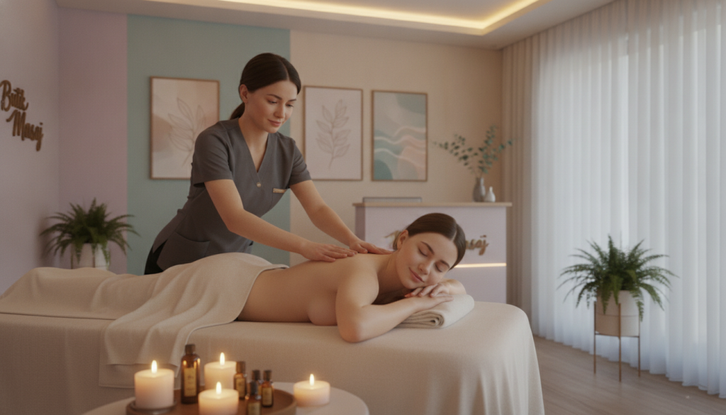 A serene and inviting massage salon interior for "Butik Masaj," showcasing a well-designed space. In the foreground, a comfortable massage bed with soft, neutral linens, surrounded by soothing candles and essential oils. In the middle, a trained massage therapist dressed in professional attire gently prepares to administer a massage to a client, who is relaxed and comfortable. The therapist's focused expression conveys professionalism and care. In the background, muted pastel wall colors and calming artwork enhance the tranquil atmosphere, complemented by soft, diffused lighting creating a warm glow. The scene captures the essence of relaxation and rejuvenation, embodying the therapeutic goals of massage.