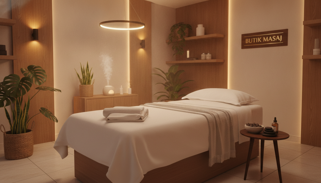A serene and inviting massage salon interior that embodies luxury and tranquility. In the foreground, a beautifully arranged treatment room features a plush massage table with soft, white linens. The middle section showcases elegant decor, including soothing plants, warm wooden accents, and aromatic essential oil diffusers emitting gentle wisps of fragrant vapor. The background reveals soft, ambient lighting from stylish lamps, creating a calming glow throughout the space. A sign with the brand name "Butik Masaj" is tastefully displayed on the wall. The atmosphere conveys relaxation and professionalism, with no human subjects present, ensuring a focus on the soothing environment. The scene should be captured with a warm-toned lens to enhance the inviting feel of the salon.