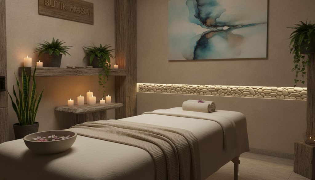 A serene and inviting massage salon named "Butik Masaj," featuring soothing interior elements. In the foreground, a plush massage table draped with soft towels. In the middle, a peaceful ambiance created by warm lighting with delicate candles flickering, and potted plants on rustic shelves. In the background, a tranquil wall adorned with calming artwork and decorative stones creating a relaxing atmosphere. The scene is observed from a slight angle to capture the depth of the room. The overall mood is peaceful and rejuvenating, emphasizing the quality and comfort of the massage experience. Soft shadows enhance the tranquility and warmth of the environment, capturing the essence of relaxation and professionalism in a massage therapy setting.
