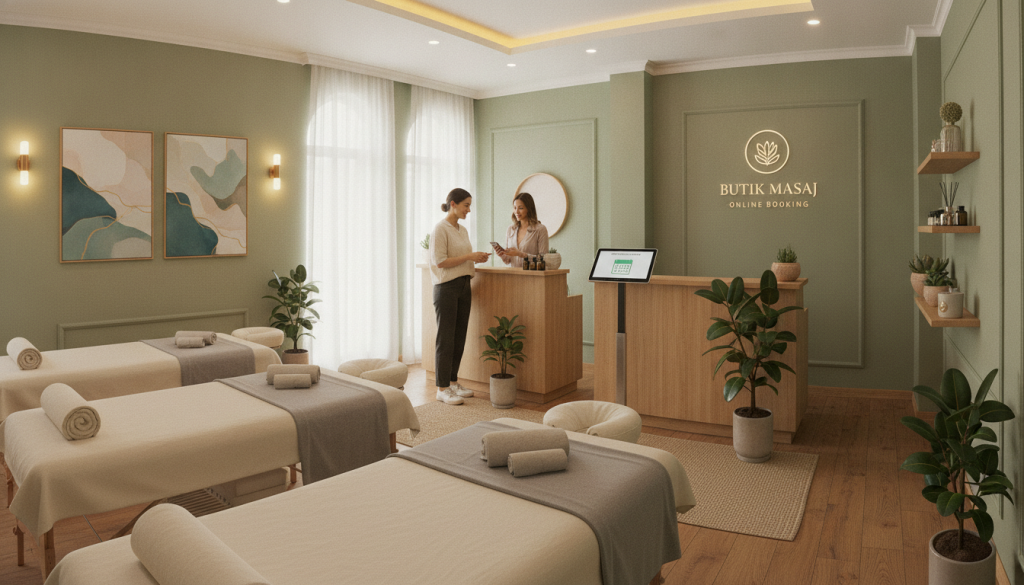 A serene and inviting massage salon named "Butik Masaj" is depicted in the foreground, featuring elegantly arranged massage tables with soft, neutral linens. In the middle ground, a welcoming reception area displays calming decor, with potted plants and soothing lighting. The background shows large windows letting in warm, natural light, enhancing the tranquil atmosphere. The salon is tastefully decorated with artwork that evokes relaxation, creating an inviting environment for clients. The overall mood is peaceful and rejuvenating, focusing on wellness. There's an emphasis on professionalism, with staff wearing smart casual attire, engaged in friendly interactions with clients. The scene captures the convenience and comfort of online reservation systems in a massage salon context. The image is framed to draw attention to the salon's inviting space and calming elements.