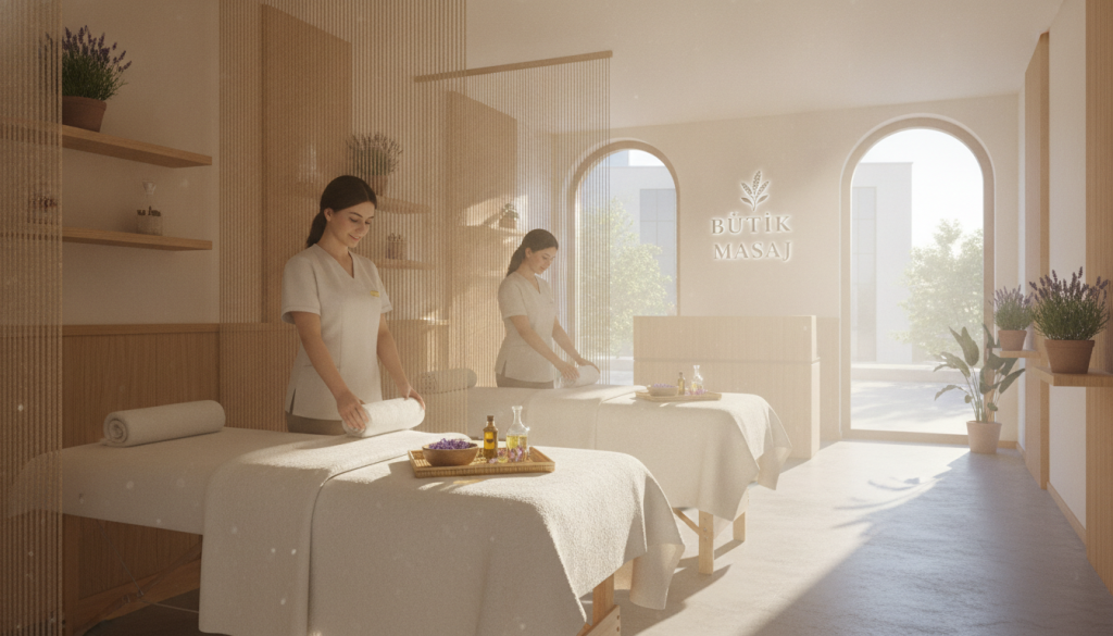 A serene and inviting massage salon named "Butik Masaj" nestled in Esenyurt, featuring a stylish, modern interior. The foreground showcases a beautifully arranged treatment room with soft, natural bamboo decor and calming lavender accents. Plush massage tables adorned with fresh towels and essential oils create a tranquil atmosphere. In the middle, professional staff members in modest, professional attire prepare the space, exuding warmth and friendliness. The background displays large windows allowing soft, warm sunlight to filter through, illuminating the room and casting gentle shadows. The overall mood is peaceful and relaxing, perfect for a holistic experience, with a subtle hint of aromatherapy evident in the air. The image captures an inviting essence of relaxation and wellness at "Butik Masaj".