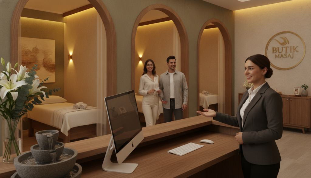 A serene and inviting massage salon reservation scene depicting a sophisticated and tranquil atmosphere. In the foreground, a well-organized reception area featuring a stylish wooden desk with a computer, a calming water feature, and fresh flowers. A friendly receptionist, dressed in professional business attire, is welcoming clients. In the middle ground, tranquil massage rooms with soft ambient lighting, warm tones, and soothing decor are visible, conveying relaxation. The background showcases subtle branding for "Butik Masaj" on tasteful wall art. The lighting is soft and warm, creating a peaceful mood. The overall atmosphere is one of calm and professionalism, emphasizing the process of booking a massage appointment.