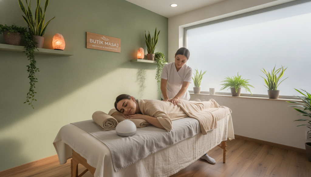 A serene and inviting massage therapy room at "Butik Masaj," designed for professional massage services. In the foreground, a neatly made massage table adorned with soft, neutral-toned linens. In the middle, a therapist in professional attire, providing a massage to a customer who is comfortably dressed in a modest spa robe. The background showcases calming decor, including soothing plants and soft lighting that creates a warm ambiance. Gentle light filters through a frosted window, casting soft shadows on the walls. The atmosphere is peaceful and relaxing, emphasizing wellness and rejuvenation, ideal for those searching for massage salons near the airport area. The camera angle is slightly elevated, capturing the entire scene harmoniously.