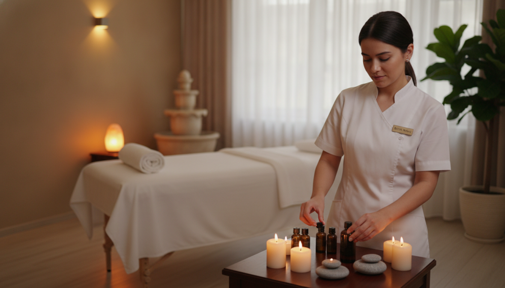 A serene and inviting massage therapy room at Butik Masaj, showcasing a massage table with clean, soft white linens and warm, ambient lighting. In the foreground, a therapist dressed in a professional white uniform prepares essential oils on a wooden table, surrounded by calming decor like stones and candles. In the middle ground, a neatly arranged plant adds a touch of nature, while a gentle water fountain softly trickles in the background, promoting a tranquil atmosphere. The scene is captured from a slightly elevated angle to emphasize the relaxation space, with a soft focus on the therapist’s caring demeanor. The overall mood is peaceful and inviting, reflecting a professional massage service that prioritizes comfort and rejuvenation.