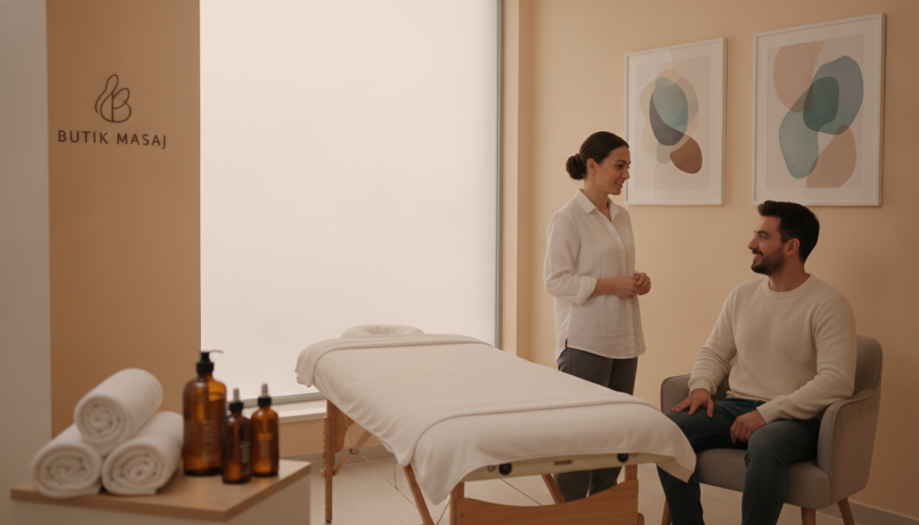 A serene and inviting massage therapy room featuring a professional massage table at the center, surrounded by calming elements. In the foreground, neatly folded towels and aromatic oils are presented on a small wooden shelf, symbolizing preparedness and comfort. In the middle, a well-dressed therapist in a crisp white shirt and dark pants is attentively discussing details with a client, who is comfortably seated on a chair, dressed in modest casual clothing. The background showcases soft ambient lighting, warm-toned walls, and relaxing artwork that promotes tranquility. A “Butik Masaj” logo is subtly depicted on the wall. The overall atmosphere is peaceful and professional, conveying an ambiance of relaxation and expert care. The scene is captured with a gentle focus, emphasizing warmth and professionalism.