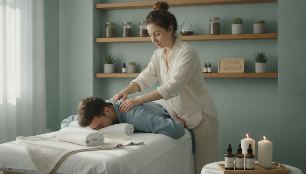 A serene and inviting massage therapy room, featuring a soft, calming color palette of light blues and greens. In the foreground, a neatly arranged massage table with plush white linens, accented by aromatic candles and soothing essential oils. The middle of the scene showcases a professional therapist in a modest casual outfit, demonstrating a variety of massage techniques on a relaxed client, who is comfortably dressed in a simple, elegant outfit. The background is softly blurred, revealing tastefully decorated shelves with massage oils and plants, enhancing the tranquil atmosphere. Soft, diffused natural light filters in through a window, creating a warm and peaceful ambiance. The brand name "Butik Masaj" is subtly represented in the decor, reinforcing the professional yet welcoming environment.