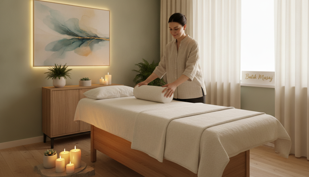 A serene and inviting massage therapy room, featuring soft ambient lighting that casts a warm glow. In the foreground, a luxurious massage table draped with plush towels. A tranquil decor includes soothing candles and delicate plants, evoking relaxation. In the middle, a professional massage therapist in modest casual attire prepares for a session, ensuring a calming atmosphere. The background showcases elegant wall art and a soft color palette, contributing to the peaceful vibe. Natural light filters in through sheer curtains, enhancing the warm tones. The scene is designed to represent high-quality massage services provided by "Butik Masaj", emphasizing comfort and professionalism. The overall mood is one of tranquility and warmth, ideal for those seeking rejuvenation and relaxation.
