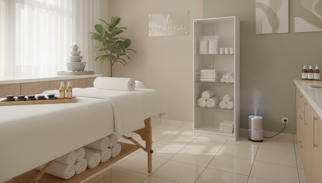A serene and inviting massage therapy room showcasing high hygiene standards. In the foreground, a beautifully arranged treatment table covered with crisp, white linens, flanked by neatly organized spa tools and aromatic essential oils in elegant glass bottles. In the middle ground, a bright, clean environment featuring disinfected surfaces and neatly folded towels, enhanced by soft natural lighting filtering through large windows, creating a calming atmosphere. The background displays a potted plant and a soothing water feature, symbolizing tranquility. The space is tastefully decorated with neutral colors and calming artwork, emphasizing cleanliness and professionalism. Include the brand name "Butik Masaj" subtly integrated into the design, maintaining a focus on hygiene and cleanliness. The overall mood is peaceful, encouraging relaxation and trust in the therapy environment.
